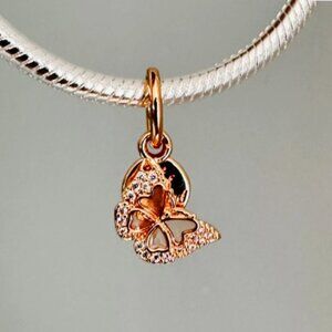 NEW Authentic Pandora Rose Gold Pink Butterfly & Quote Double Dangle Charm